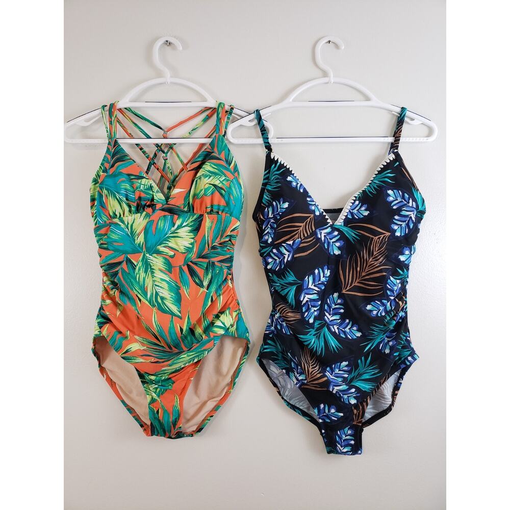 (JL) Merona Swimsuit Womens Swim Size M Adjustable Strap Hawaiian Lot of 2